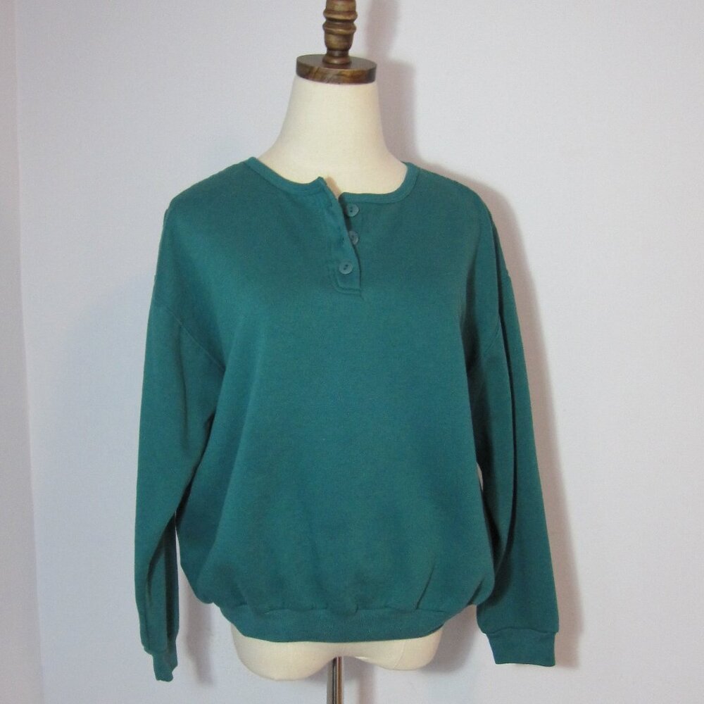 Vintage 90s Teal Trend Basics Pullover Sweater with cute button-up detailing